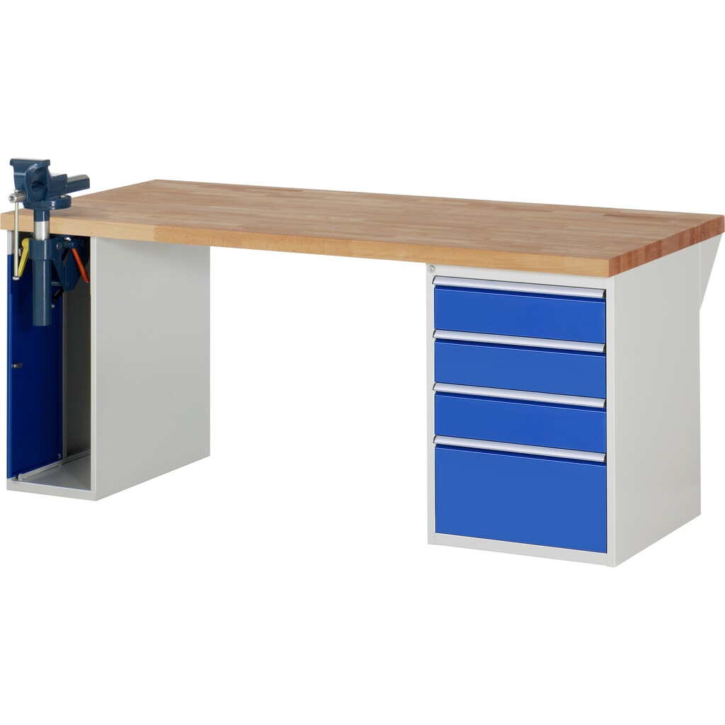 RAU Werkbank Serie 7000, 2 Container, SchraubstockHxBxT 890 x 2.000 x 900 mm, 4 x 90%-Auszug-Schubladen, Schubladen-TK 100 kg Produktabbildung: RAU Werkbank Serie 7000, 2 Container, SchraubstockHxBxT 890 x 2.000 x 900 mm, 4 x 90%-Auszug-Schubladen, Schubladen-TK 100 kg