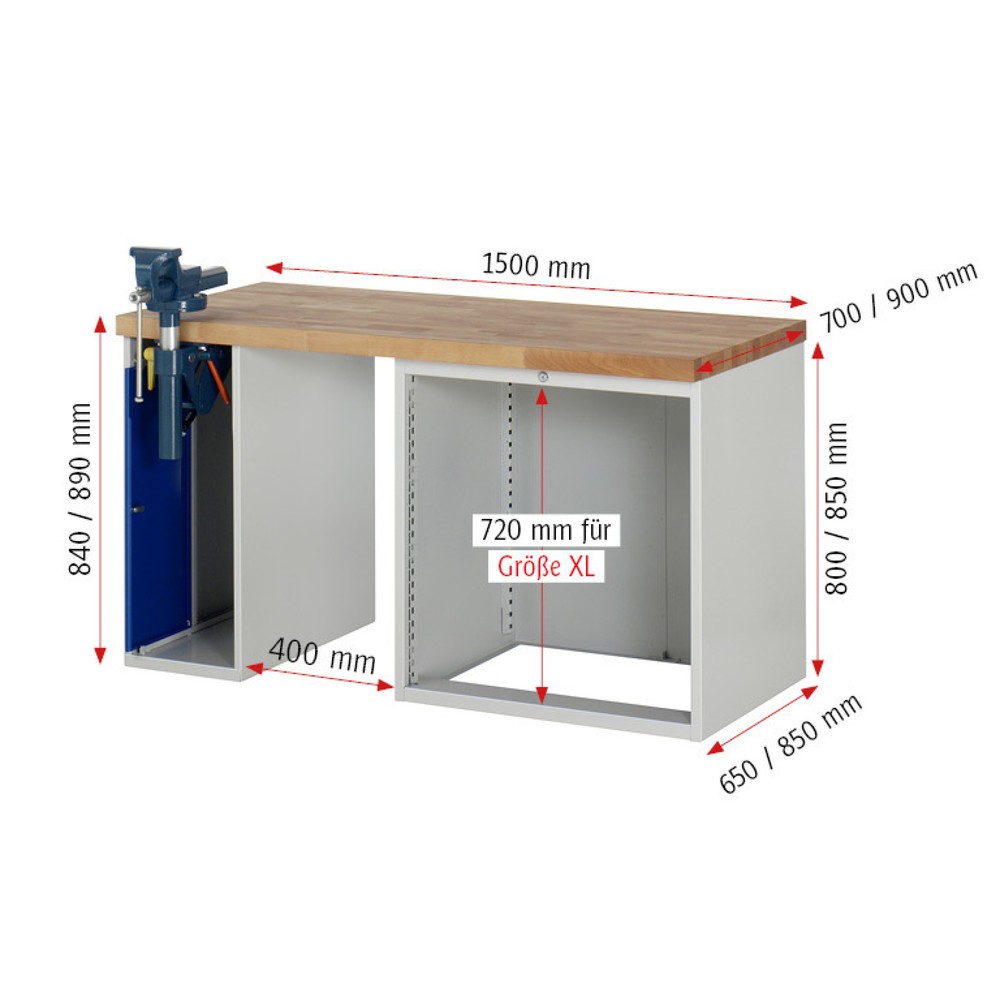 Produktabbildung Nr. 6: RAU Werkbank Serie 7000, 2 Container, SchraubstockHxBxT 890 x 1.500 x 900 mm, 4 x 100%-Auszug-Schubladen, Schubladen-TK 75 kg