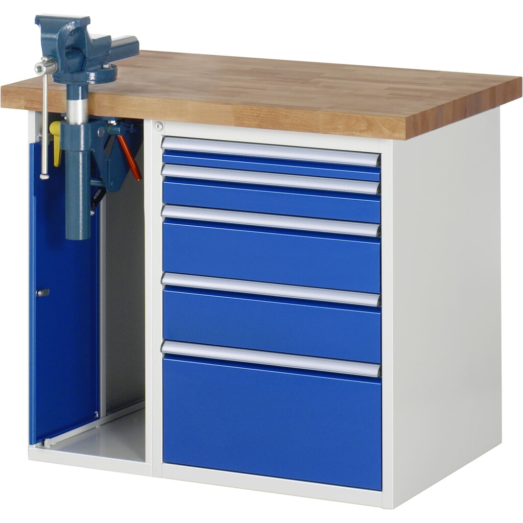 RAU Werkbank Serie 7000, 2 Container, Schraubstock, HxBxT 890 x 1.000 x 700 mm, 5 x 90%-Auszug-Schubladen Produktabbildung: RAU Werkbank Serie 7000, 2 Container, Schraubstock, HxBxT 890 x 1.000 x 700 mm, 5 x 90%-Auszug-Schubladen