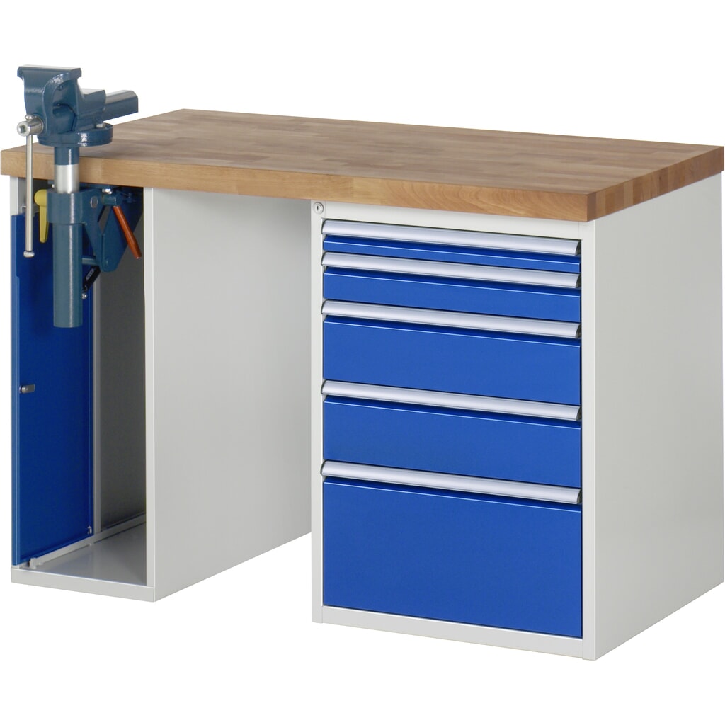 RAU Werkbank Serie 7000, 2 Container, Schraubstock, HxBxT 890 x 1.250 x 700 mm, 5 x 90%-Auszug-Schubladen Produktabbildung: RAU Werkbank Serie 7000, 2 Container, Schraubstock, HxBxT 890 x 1.250 x 700 mm, 5 x 90%-Auszug-Schubladen