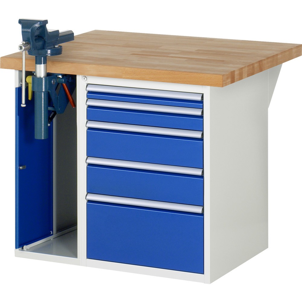 Produktabbildung: RAU Werkbank Serie 7000, 2 Container, Schraubstock, HxBxT 890 x 1.000 x 900 mm, 5 x 90%-Auszug-Schubladen