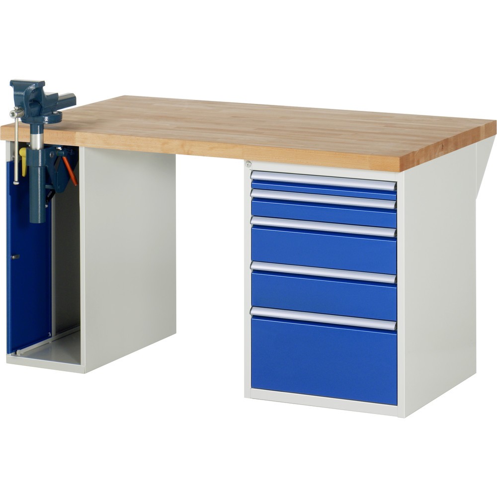 Produktabbildung: RAU Werkbank Serie 7000, 2 Container, Schraubstock, HxBxT 890 x 1.500 x 900 mm, 5 x 90%-Auszug-Schubladen
