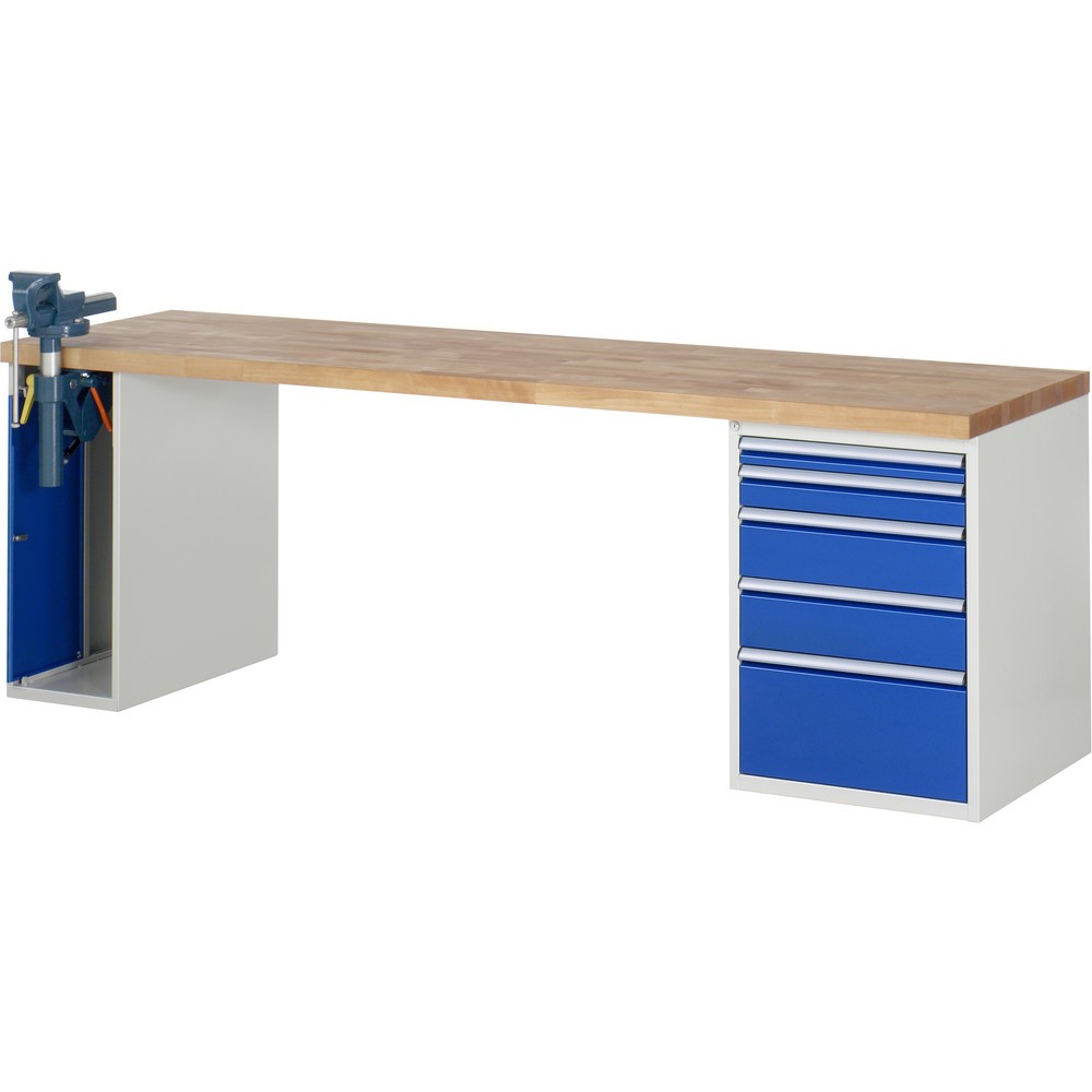 Produktabbildung: RAU Werkbank Serie 7000, 2 Container, Schraubstock, HxBxT 890 x 2.500 x 700 mm, 5 x 90%-Auszug-Schubladen