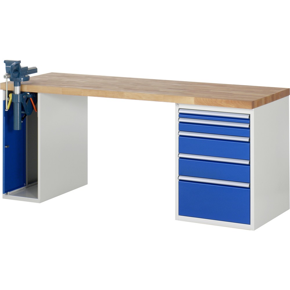 Produktabbildung: RAU Werkbank Serie 7000, 2 Container, Schraubstock, HxBxT 890 x 2.000 x 700 mm, 5 x 90%-Auszug-Schubladen