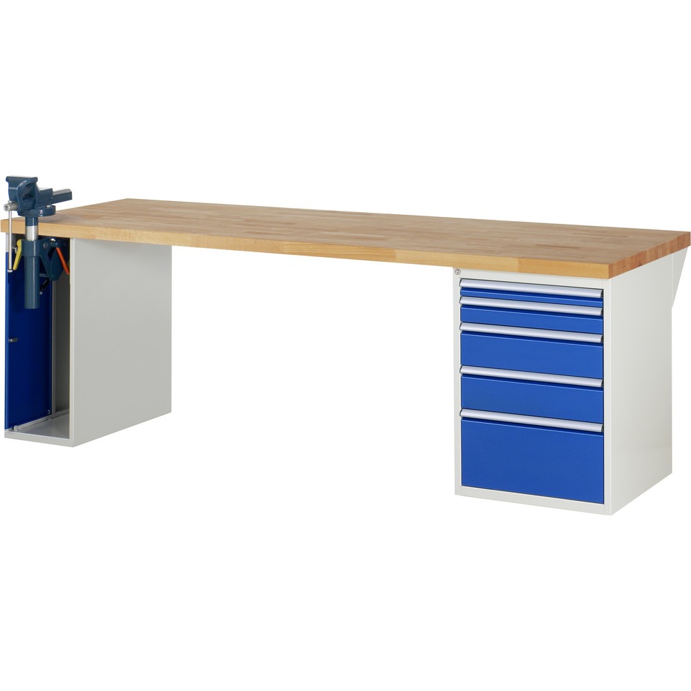 Produktabbildung: RAU Werkbank Serie 7000, 2 Container, Schraubstock, HxBxT 890 x 2.500 x 900 mm, 5 x 90%-Auszug-Schubladen