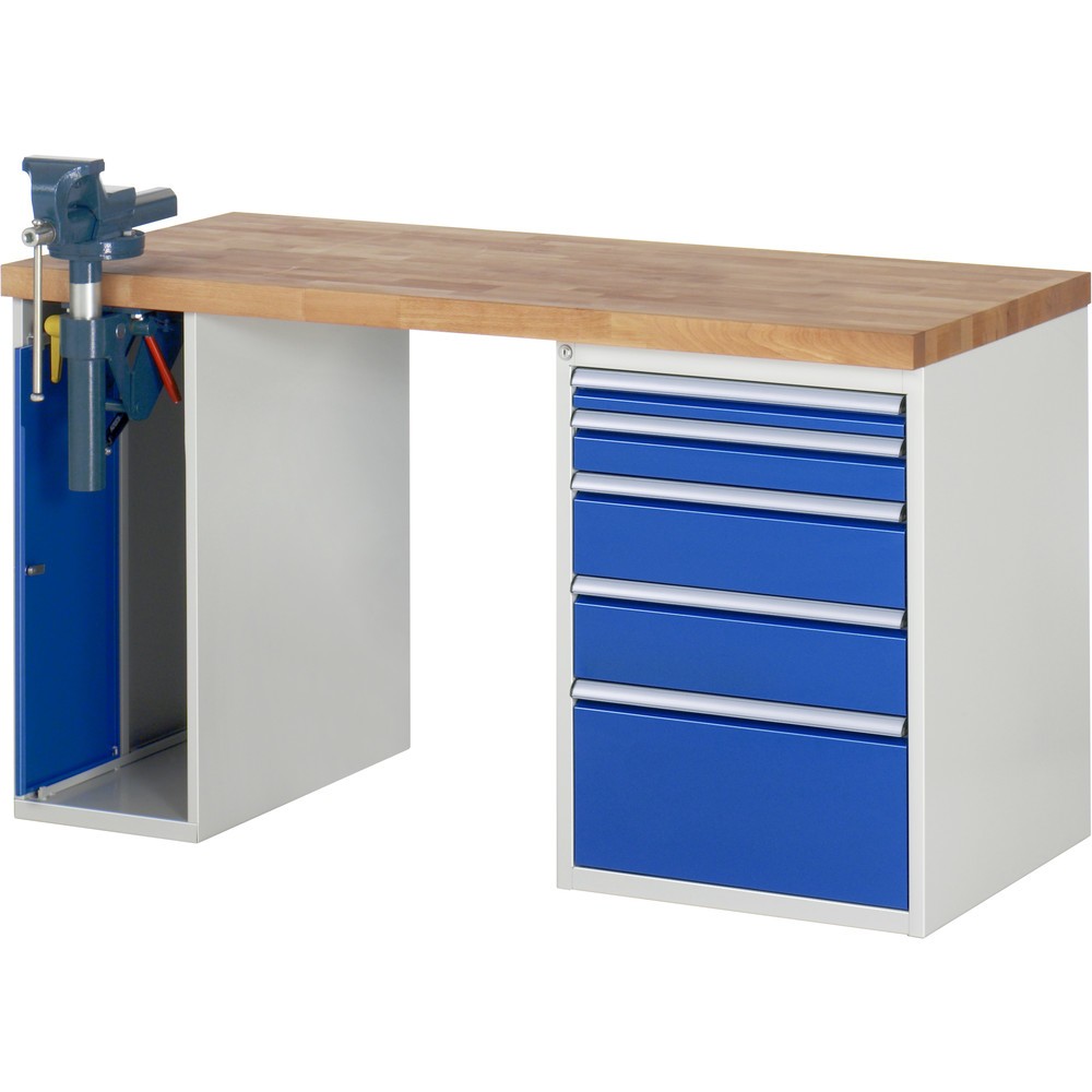 Produktabbildung: RAU Werkbank Serie 7000, 2 Container, Schraubstock, HxBxT 890 x 1.500 x 700 mm, 5 x 90%-Auszug-Schubladen
