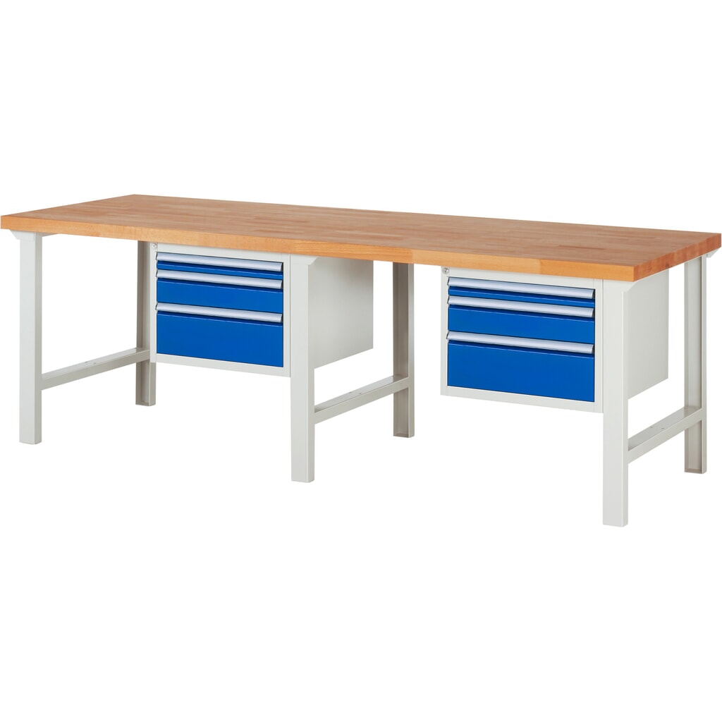 Produktabbildung: RAU Werkbank Serie 7000, 2 Container, HxBxT 840 x 2.500 x 900 mm, 6 x 90%-Auszug-Schubladen 2 x 60 mm, 2 x 120 mm, 2 x 180 mm