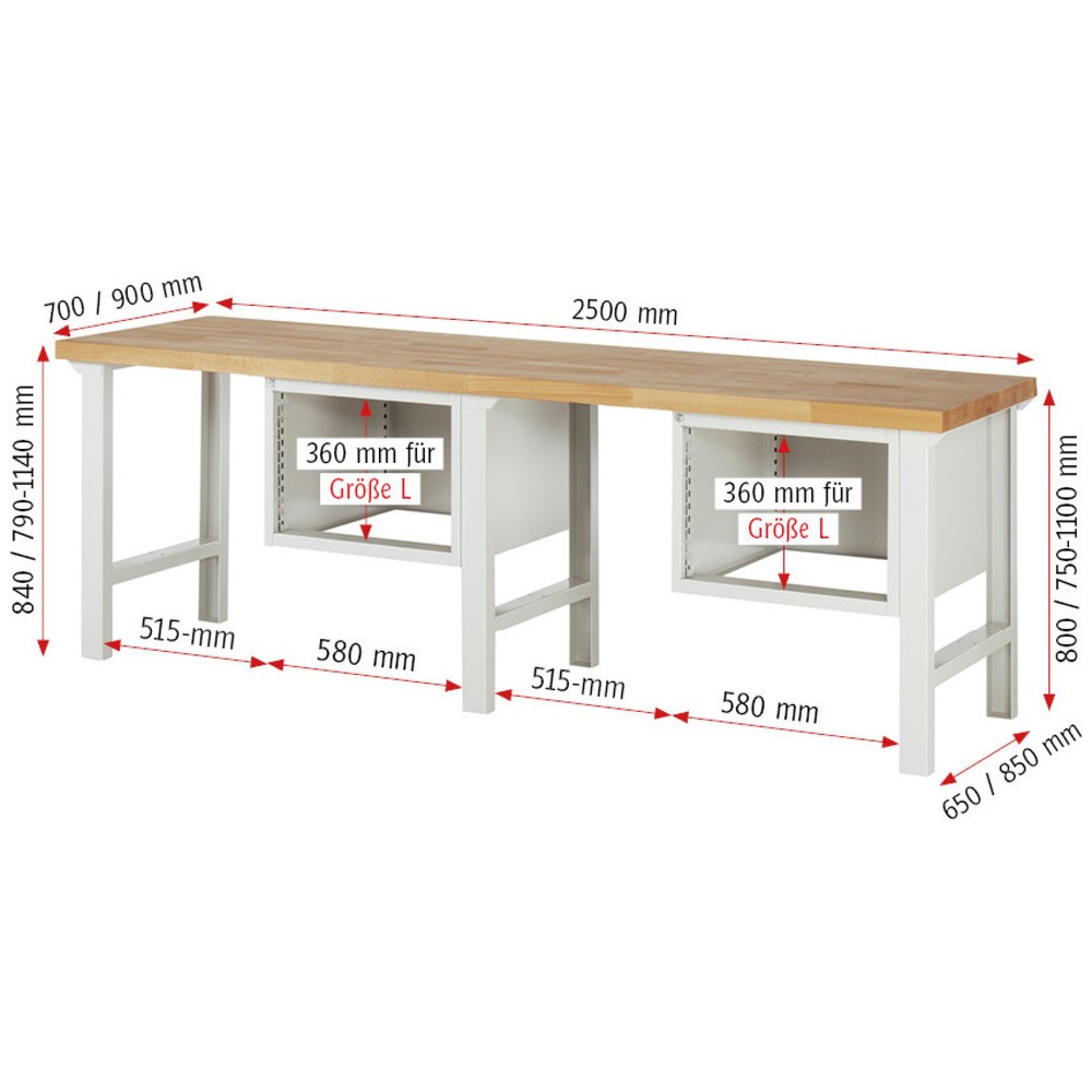 Produktabbildung Nr. 4: RAU Werkbank Serie 7000, 2 Container, HxBxT 840 x 2.500 x 700 mm, 4 x 100%-Auszug-Schubladen 2 x 150 mm, 2 x 210 mm