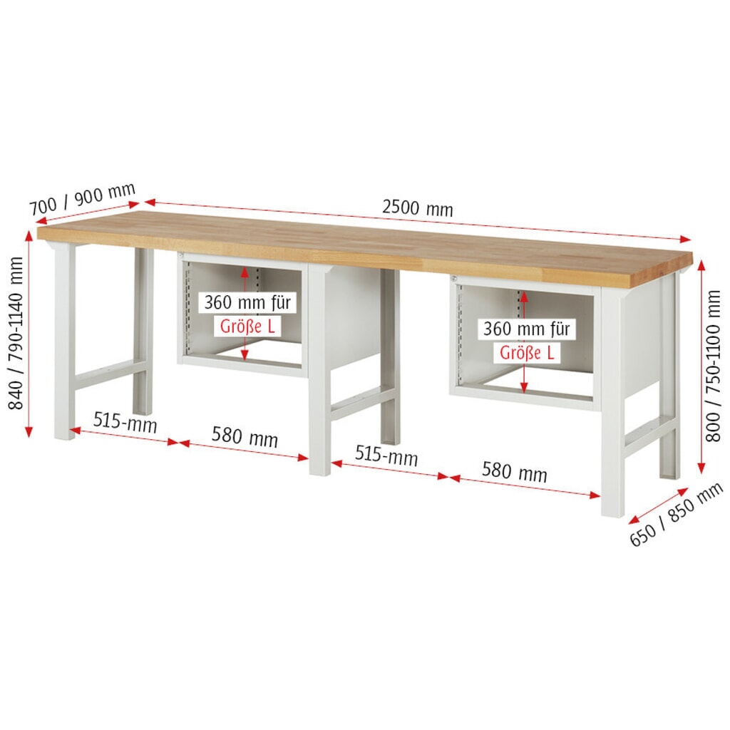 Produktabbildung Nr. 6: RAU Werkbank Serie 7000, 2 Container, HxBxT 790-1.140 x 2.500 x 700 mm, 4 x 90%-Auszug-Schubladen 2 x 150 mm, 2 x 210 mm