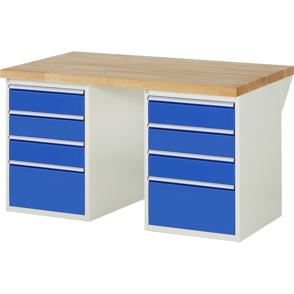 RAU Werkbank Serie 7000, 2 Container, HxBxT 840 x 1.500 x 900 mm, 8 x 90%-Auszug-Schubladen 6 x 150 mm, 2 x 270 mm Produktabbildung: RAU Werkbank Serie 7000, 2 Container, HxBxT 840 x 1.500 x 900 mm, 8 x 90%-Auszug-Schubladen 6 x 150 mm, 2 x 270 mm