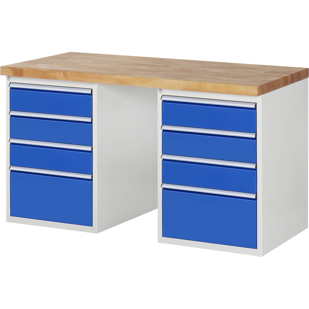 RAU Werkbank Serie 7000, 2 Container, HxBxT 890 x 1.500 x 700 mm, 8 x 90%-Auszug-Schubladen 6 x 150, 2 x 270 mm Produktabbildung: RAU Werkbank Serie 7000, 2 Container, HxBxT 890 x 1.500 x 700 mm, 8 x 90%-Auszug-Schubladen 6 x 150, 2 x 270 mm