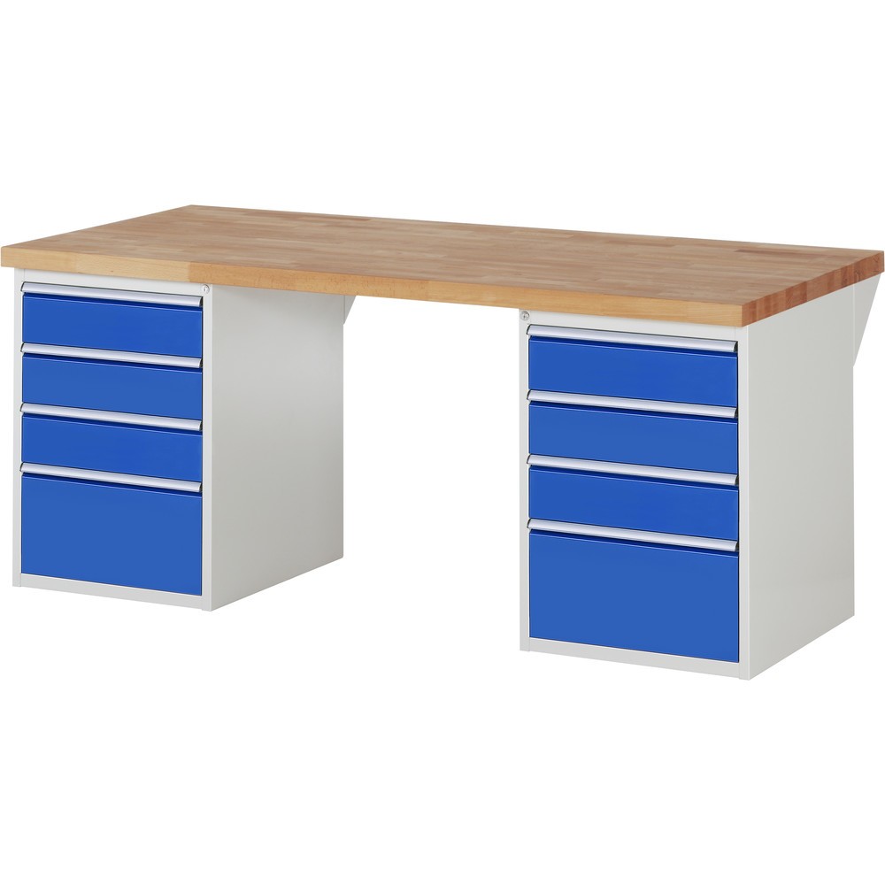 Produktabbildung: RAU Werkbank Serie 7000, 2 Container, HxBxT 890 x 2.000 x 900 mm, 8 x 90%-Auszug-Schubladen 6 x 150, 2 x 270 mm