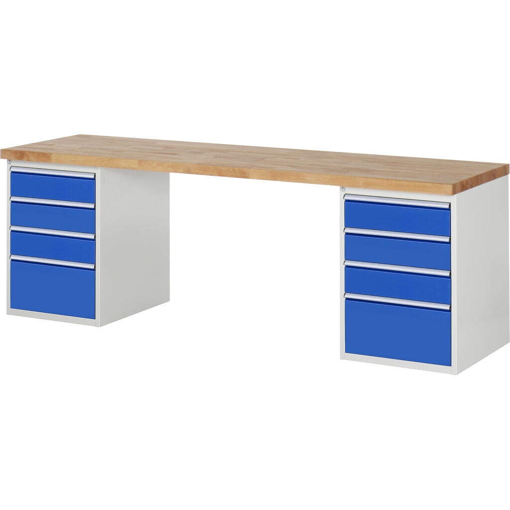 RAU Werkbank Serie 7000, 2 Container, HxBxT 890 x 2.500 x 700 mm, 8 x 90%-Auszug-Schubladen 6 x 150, 2 x 270 mm Produktabbildung: RAU Werkbank Serie 7000, 2 Container, HxBxT 890 x 2.500 x 700 mm, 8 x 90%-Auszug-Schubladen 6 x 150, 2 x 270 mm