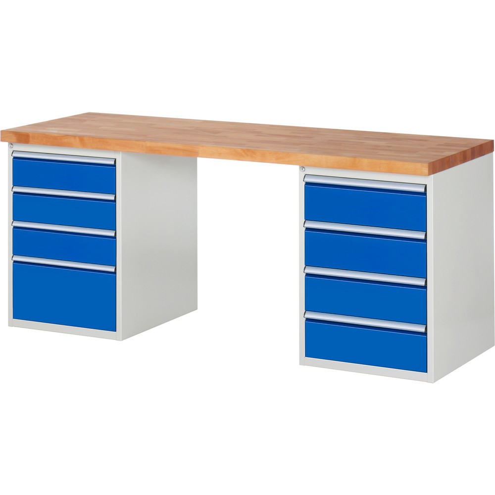 Produktabbildung Nr. 1: RAU Werkbank Serie 7000, 2 Container, HxBxT 890 x 2.000 x 700 mm, 8 x 90%-Auszug-Schubladen 3 x 150, 4 x 180, 1 x 270 mm