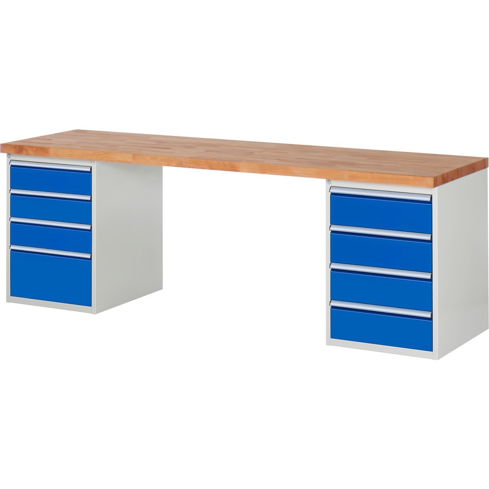 Produktabbildung: RAU Werkbank Serie 7000, 2 Container, HxBxT 890 x 2.500 x 700 mm, 8 x 100%-Auszug-Schubladen 3 x 150, 4 x 180, 1 x 270 mm
