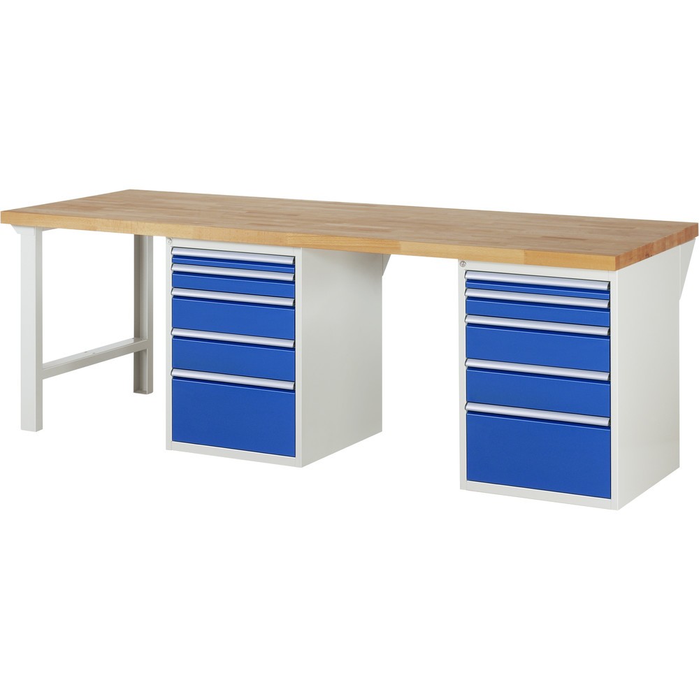 Produktabbildung: RAU Werkbank Serie 7000, 2 Container, HxBxT 890 x 2.500 x 900 mm, 10 x 90%-Auszug-Schubladen 2 x 60, 2 x 90, 4 x 150, 2 x 270 mm