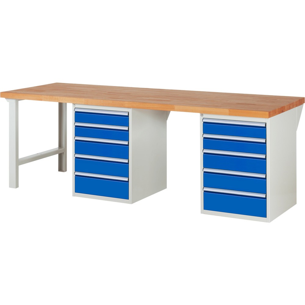Produktabbildung: RAU Werkbank Serie 7000, 2 Container, HxBxT 890 x 2.500 x 900 mm, 10 x 100%-Auszug-Schubladen 4 x 120, 4 x 150, 2 x 180 mm