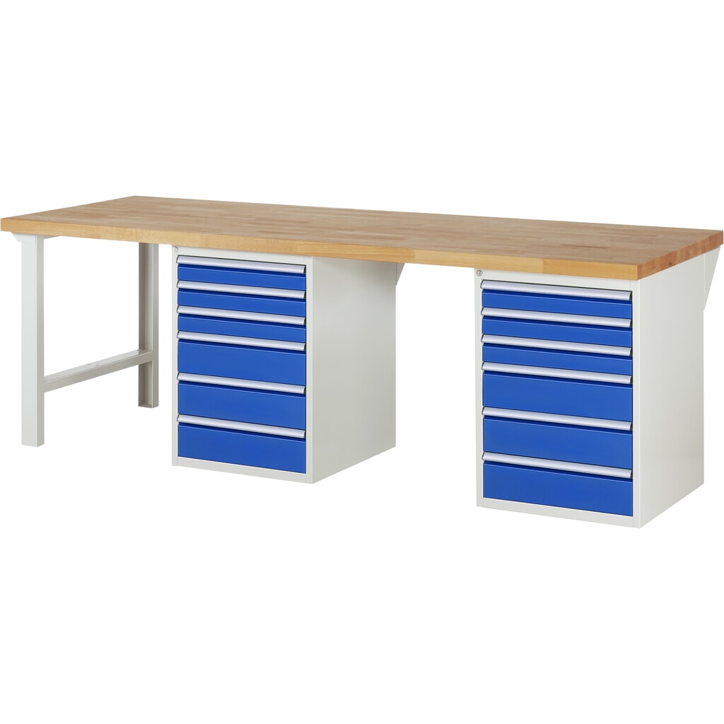 Produktabbildung: RAU Werkbank Serie 7000, 2 Container, HxBxT 890 x 2.500 x 900 mm, 12 x 90%-Auszug-Schubladen 6 x 90 mm, 6 x 150 mm