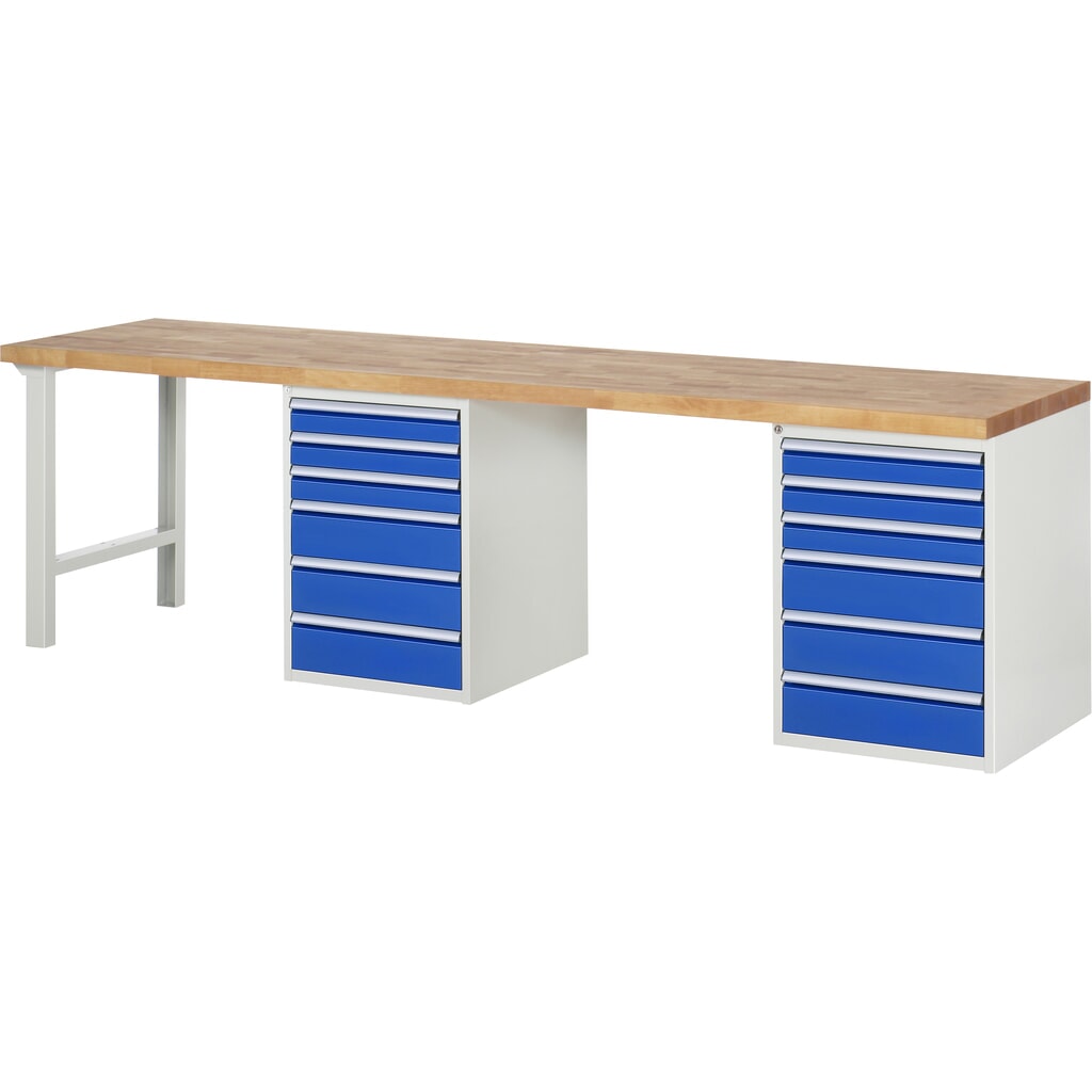 RAU Werkbank Serie 7000, 2 Container, HxBxT 890 x 3.000 x 700 mm, 12 x 90%-Auszug-Schubladen 6 x 90 mm, 6 x 150 mm Produktabbildung: RAU Werkbank Serie 7000, 2 Container, HxBxT 890 x 3.000 x 700 mm, 12 x 90%-Auszug-Schubladen 6 x 90 mm, 6 x 150 mm