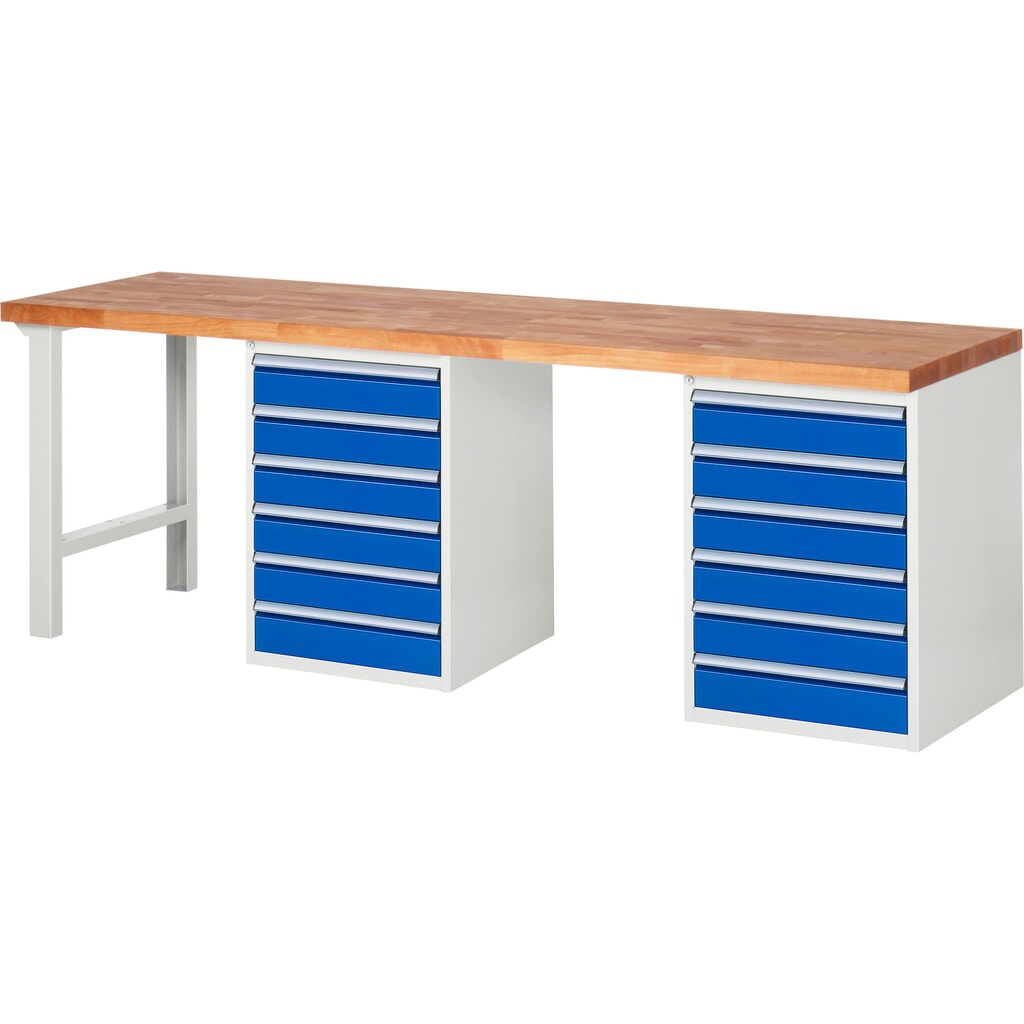 RAU Werkbank Serie 7000, 2 Container, HxBxT 840 x 2.500 x 700 mm, 12 x 100%-Auszug-Schubladen 12 x 120 mm Produktabbildung: RAU Werkbank Serie 7000, 2 Container, HxBxT 840 x 2.500 x 700 mm, 12 x 100%-Auszug-Schubladen 12 x 120 mm