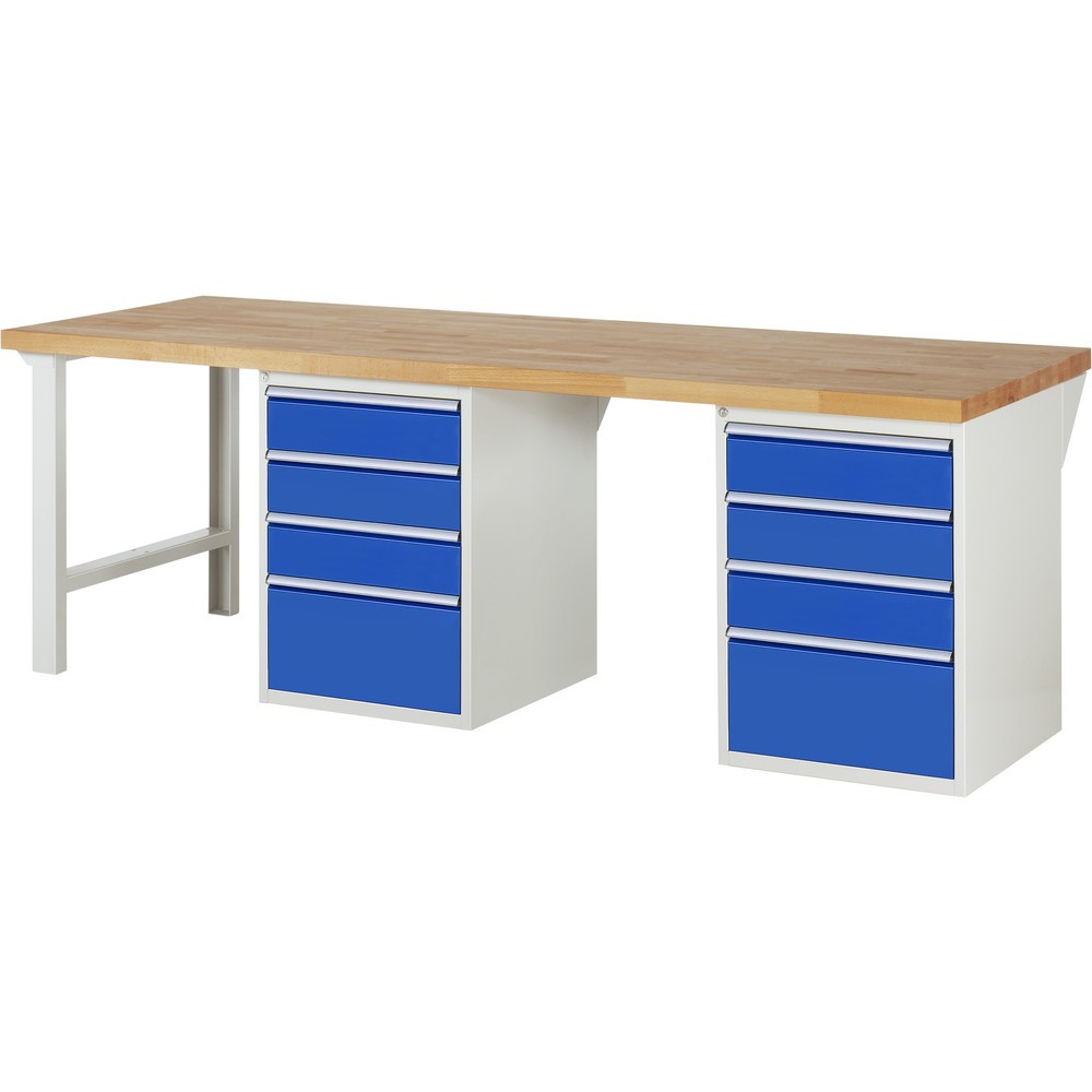 Produktabbildung: RAU Werkbank Serie 7000, 2 Container, HxBxT 890 x 2.500 x 900 mm, 8 x 90%-Auszug-Schubladen 6 x 150, 2 x 270 mm