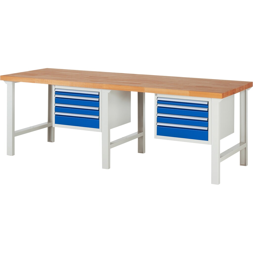 RAU Werkbank Serie 7000, 2 Container, HxBxT 840 x 2.500 x 900 mm, 8 x 90%-Auszug-Schubladen 2 x 60 mm, 4 x 90 mm, 2 x 120 mm Produktabbildung: RAU Werkbank Serie 7000, 2 Container, HxBxT 840 x 2.500 x 900 mm, 8 x 90%-Auszug-Schubladen 2 x 60 mm, 4 x 90 mm, 2 x 120 mm