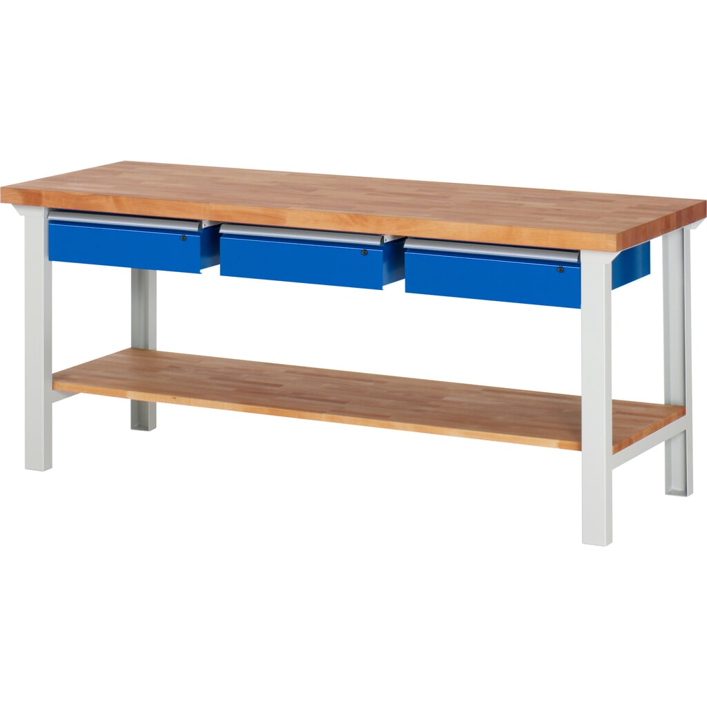 RAU Werkbank Serie 7000, 1 Buche-Massiv-Ablageboden, HxBxT 840 x 2.000 x 700 mm, 3 Schubladen 3 x 150 mm Produktabbildung Nr. 1: RAU Werkbank Serie 7000, 1 Buche-Massiv-Ablageboden, HxBxT 840 x 2.000 x 700 mm, 3 Schubladen 3 x 150 mm