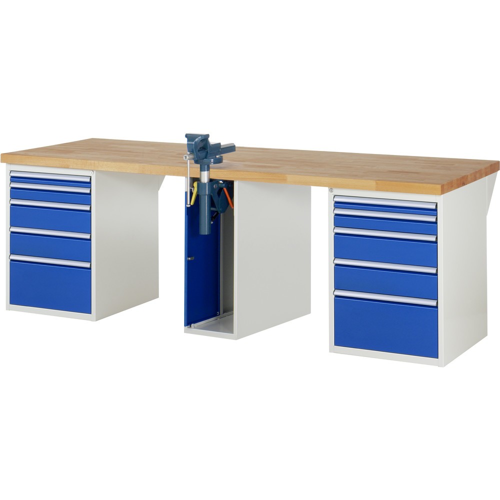 Produktabbildung: RAU Werkbank Serie 7000, 3 Container, HxBxT 890 x 2.500 x 900 mm, 10 x 90%-Auszug-Schubladen, Schraubstock