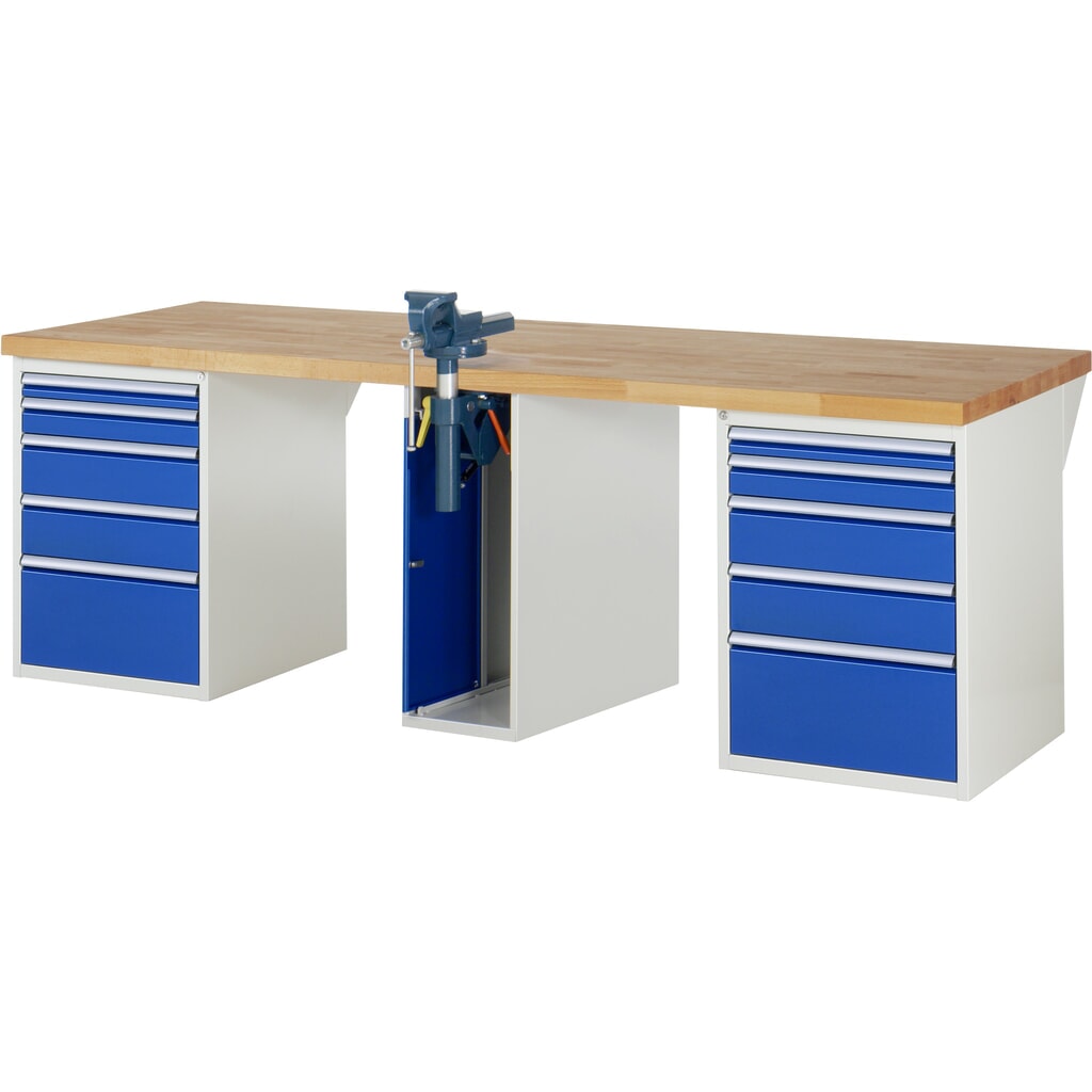 RAU Werkbank Serie 7000, 3 Container, HxBxT 890 x 2.500 x 900 mm, 10 x 90%-Auszug-Schubladen, Schraubstock Produktabbildung: RAU Werkbank Serie 7000, 3 Container, HxBxT 890 x 2.500 x 900 mm, 10 x 90%-Auszug-Schubladen, Schraubstock