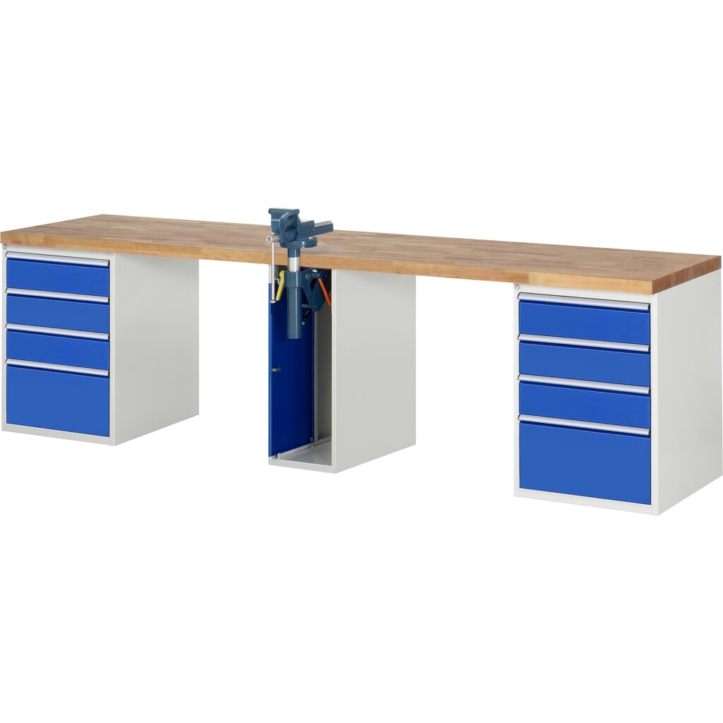 RAU Werkbank Serie 7000, 3 Container, HxBxT 890 x 3.000 x 700 mm, 10 x 90%-Auszug-Schubladen, Schraubstock Produktabbildung: RAU Werkbank Serie 7000, 3 Container, HxBxT 890 x 3.000 x 700 mm, 10 x 90%-Auszug-Schubladen, Schraubstock