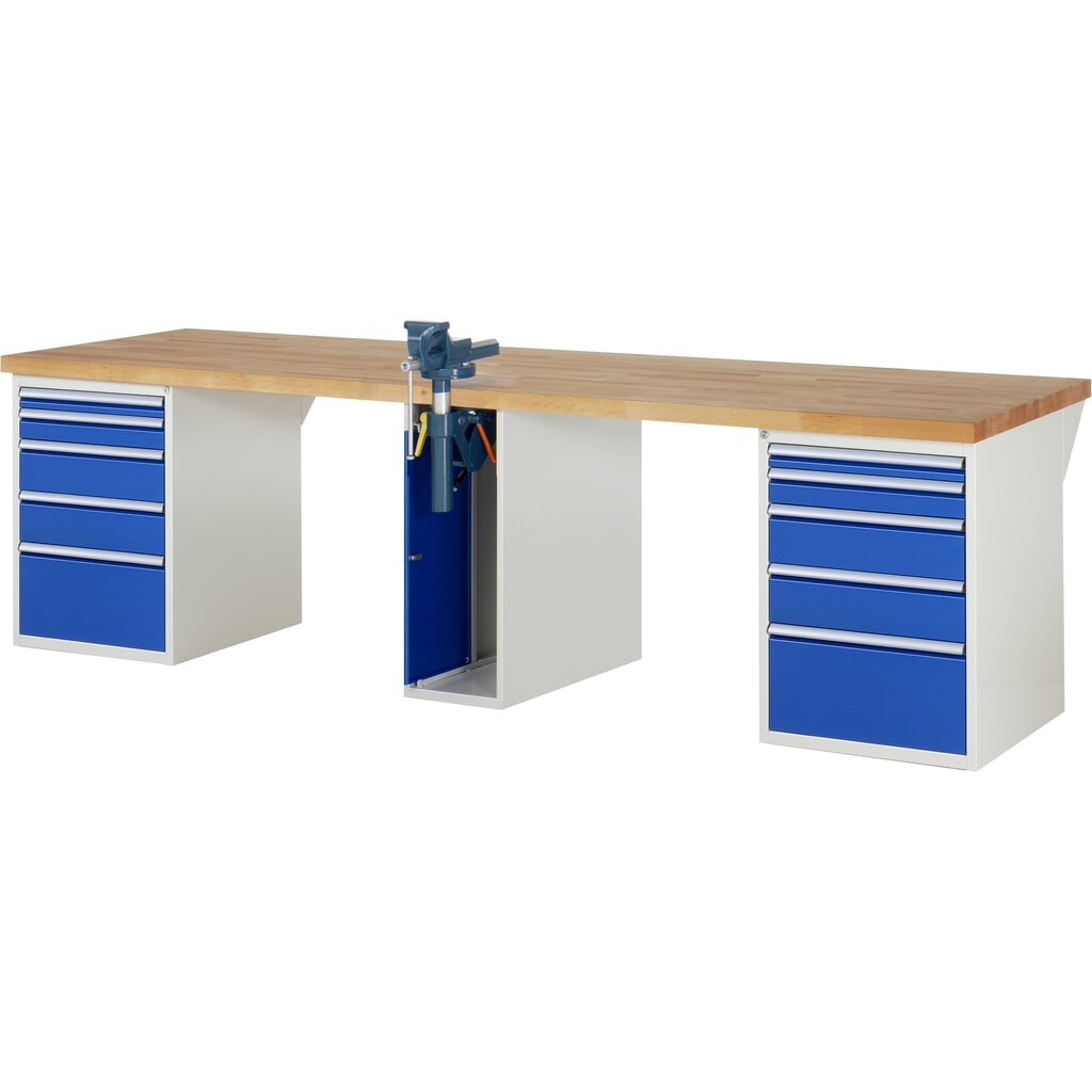 RAU Werkbank Serie 7000, 3 Container, HxBxT 890 x 3.000 x 900 mm, 10 x 90%-Auszug-Schubladen, Schraubstock Produktabbildung: RAU Werkbank Serie 7000, 3 Container, HxBxT 890 x 3.000 x 900 mm, 10 x 90%-Auszug-Schubladen, Schraubstock