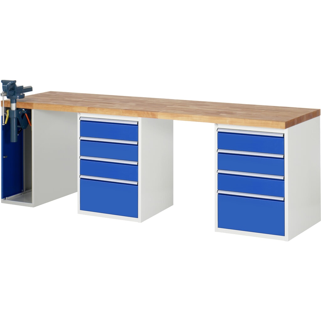 RAU Werkbank Serie 7000, 3 Container, HxBxT 890 x 2.500 x 700 mm, 8 x 90%-Auszug-Schubladen, 1 Schraubstock links Produktabbildung: RAU Werkbank Serie 7000, 3 Container, HxBxT 890 x 2.500 x 700 mm, 8 x 90%-Auszug-Schubladen, 1 Schraubstock links