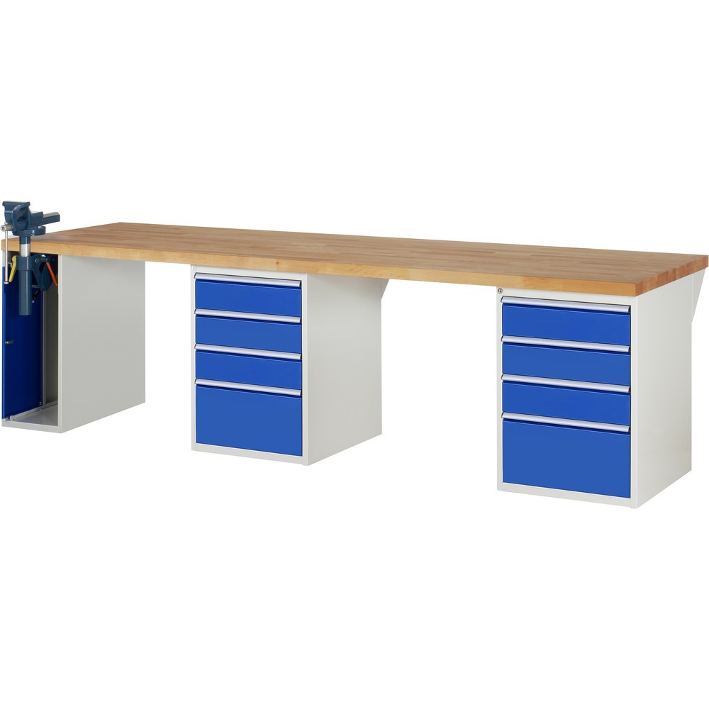 Produktabbildung: RAU Werkbank Serie 7000, 3 Container, HxBxT 890 x 3.000 x 900 mm, 8 x 90%-Auszug-Schubladen, 1 Schraubstock links