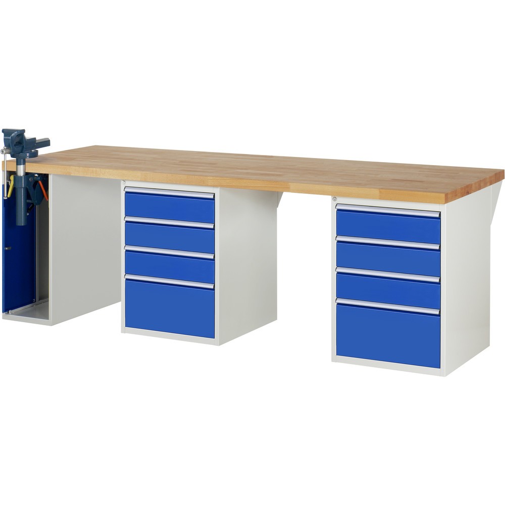 Produktabbildung: RAU Werkbank Serie 7000, 3 Container, HxBxT 890 x 2.500 x 900 mm, 8 x 90%-Auszug-Schubladen, 1 Schraubstock links