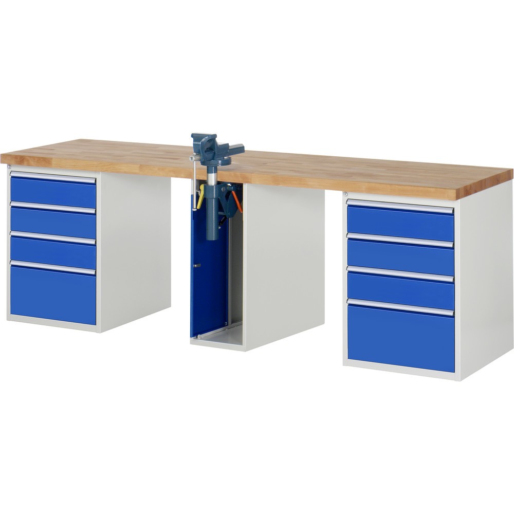 Produktabbildung: RAU Werkbank Serie 7000, 3 Container, HxBxT 890 x 2.500 x 700 mm, 8 x 90%-Auszug-Schubladen, 1 Schraubstock mittig