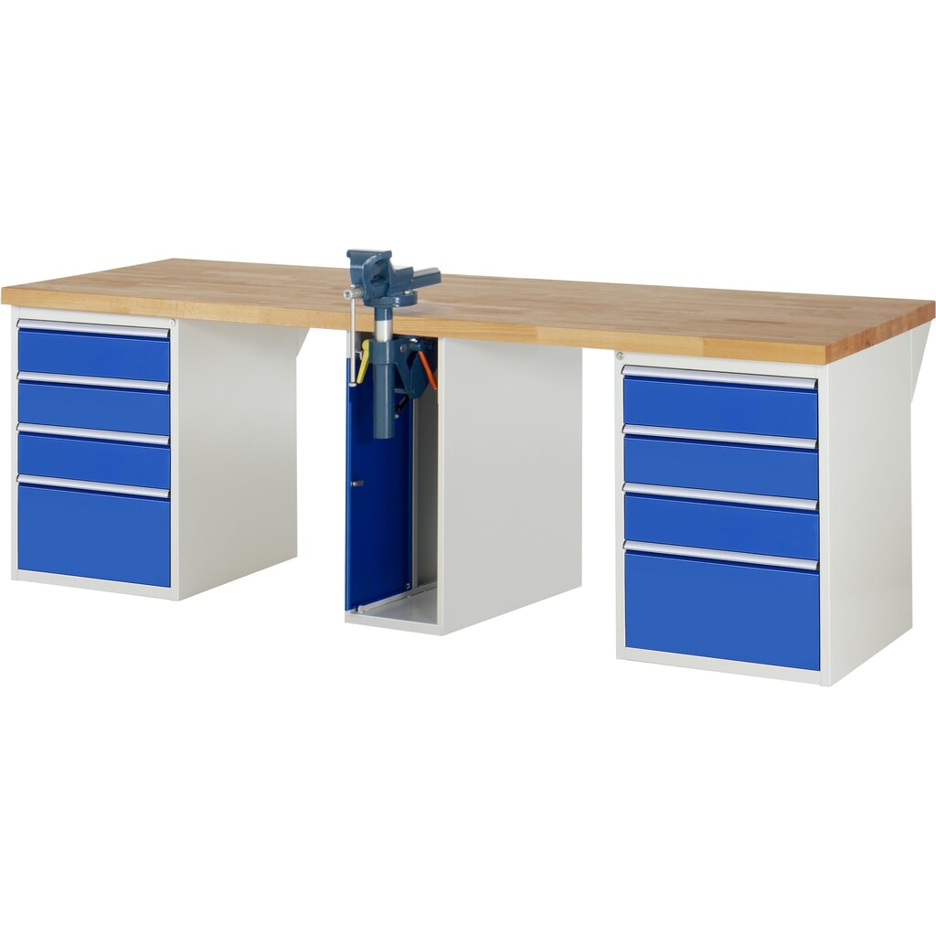 RAU Werkbank Serie 7000, 3 Container, HxBxT 890 x 2.500 x 900 mm, 8 x 90%-Auszug-Schubladen, 1 Schraubstock mittig Produktabbildung: RAU Werkbank Serie 7000, 3 Container, HxBxT 890 x 2.500 x 900 mm, 8 x 90%-Auszug-Schubladen, 1 Schraubstock mittig