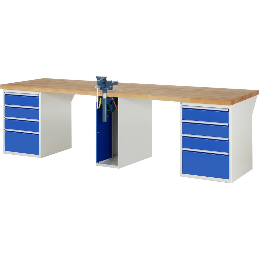 Produktabbildung: RAU Werkbank Serie 7000, 3 Container, HxBxT 890 x 3.000 x 900 mm, 8 x 90%-Auszug-Schubladen, 1 Schraubstock mittig