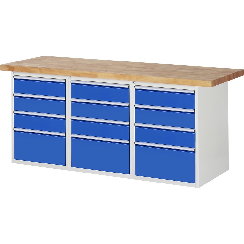 Produktabbildung: RAU Werkbank Serie 7000, 3 Container, HxBxT 890 x 2.000 x 700 mm, 12 x 90%-Auszug-Schubladen