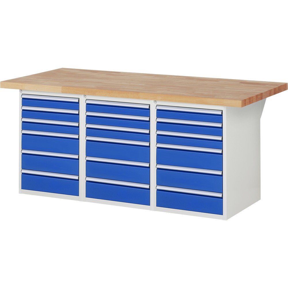 Produktabbildung: RAU Werkbank Serie 7000, 3 Container, HxBxT 890 x 2.000 x 900 mm, 18 x 90%-Auszug-Schubladen