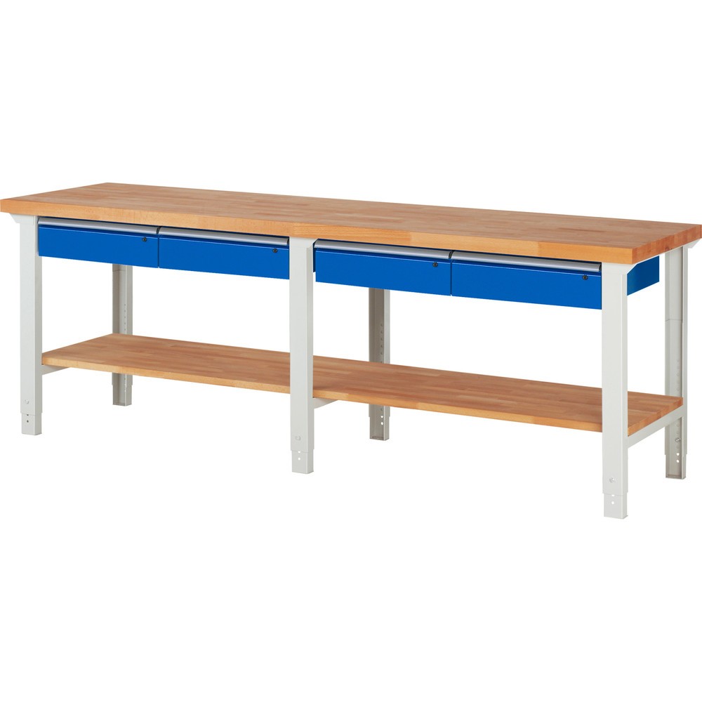 Produktabbildung: RAU Werkbank Serie 7000, 1 Buche-Massiv-Ablageboden, HxBxT 790-1.140 x 2.500 x 700 mm, 4 Schubladen 4 x 150 mm