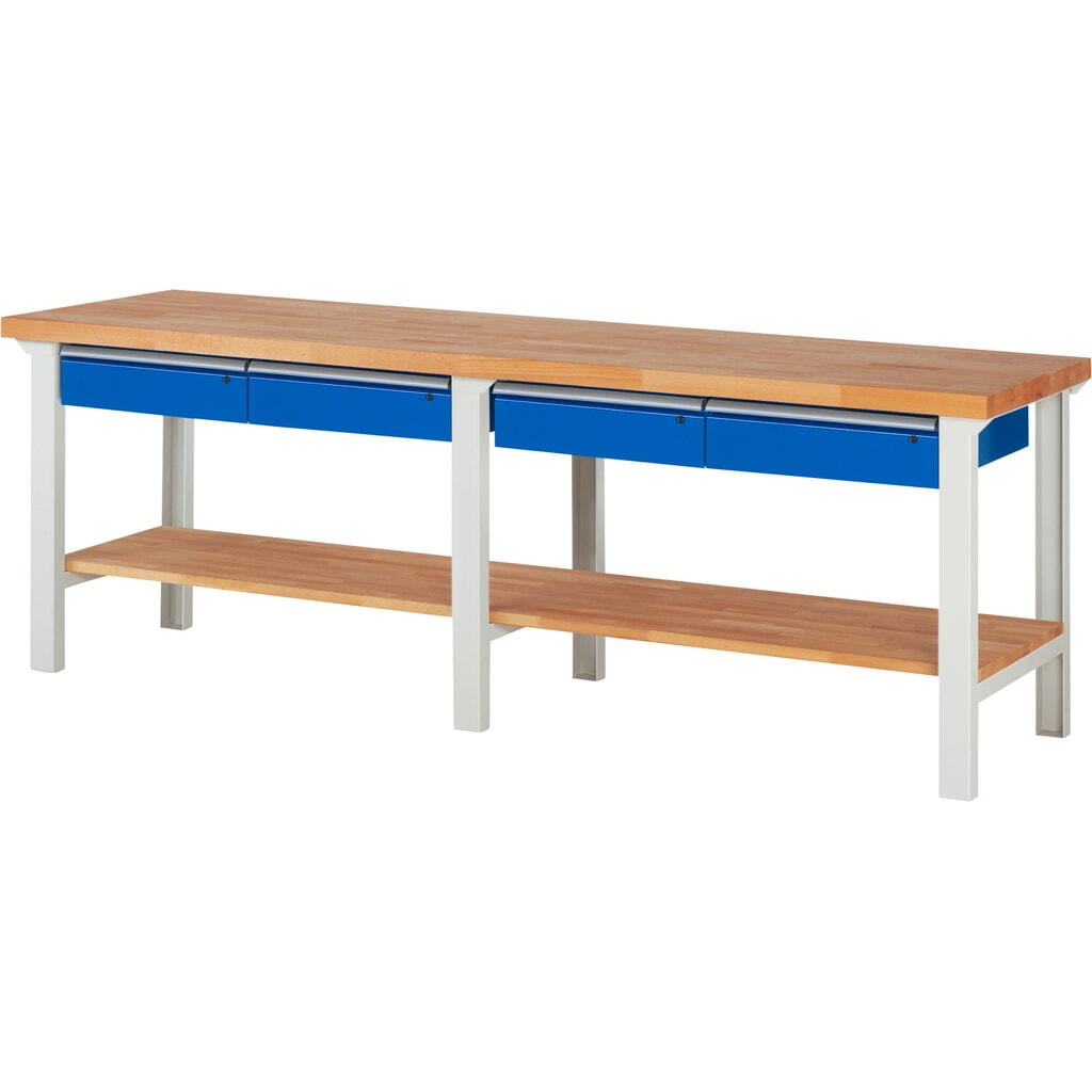 RAU Werkbank Serie 7000, 1 Buche-Massiv-Ablageboden, HxBxT 840 x 2.500 x 700 mm, 4 Schubladen 4 x 150 mm Produktabbildung Nr. 1: RAU Werkbank Serie 7000, 1 Buche-Massiv-Ablageboden, HxBxT 840 x 2.500 x 700 mm, 4 Schubladen 4 x 150 mm