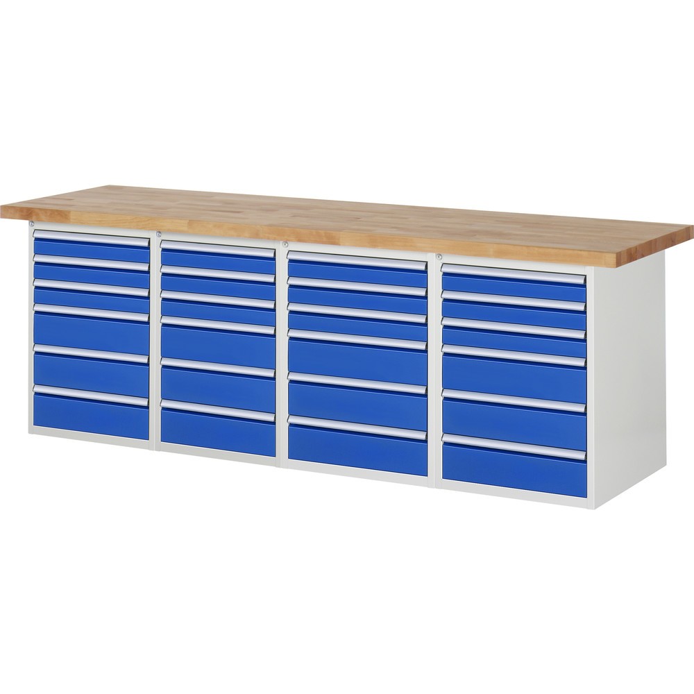 Produktabbildung: RAU Werkbank Serie 7000, 4 Container, HxBxT 890 x 2.500 x 700 mm, 24 x 90%-Auszug-Schubladen