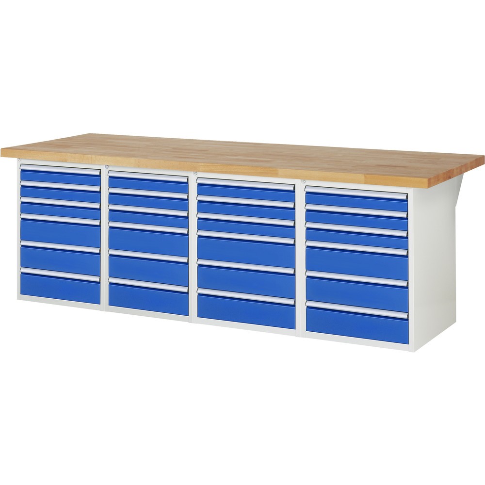 Produktabbildung: RAU Werkbank Serie 7000, 4 Container, HxBxT 890 x 2.500 x 900 mm, 24 x 90%-Auszug-Schubladen