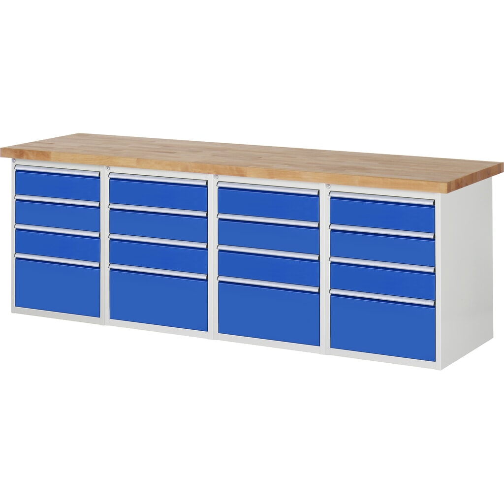RAU Werkbank Serie 7000, 4 Container, HxBxT 890 x 2.500 x 700 mm, 16 x 90%-Auszug-Schubladen Produktabbildung: RAU Werkbank Serie 7000, 4 Container, HxBxT 890 x 2.500 x 700 mm, 16 x 90%-Auszug-Schubladen