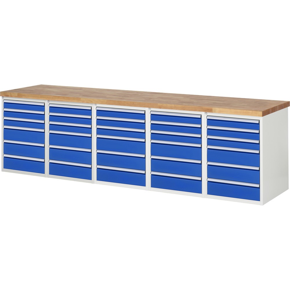 Produktabbildung: RAU Werkbank Serie 7000, 5 Container, HxBxT 890 x 3.000 x 700 mm, 30 x 90%-Auszug-Schubladen