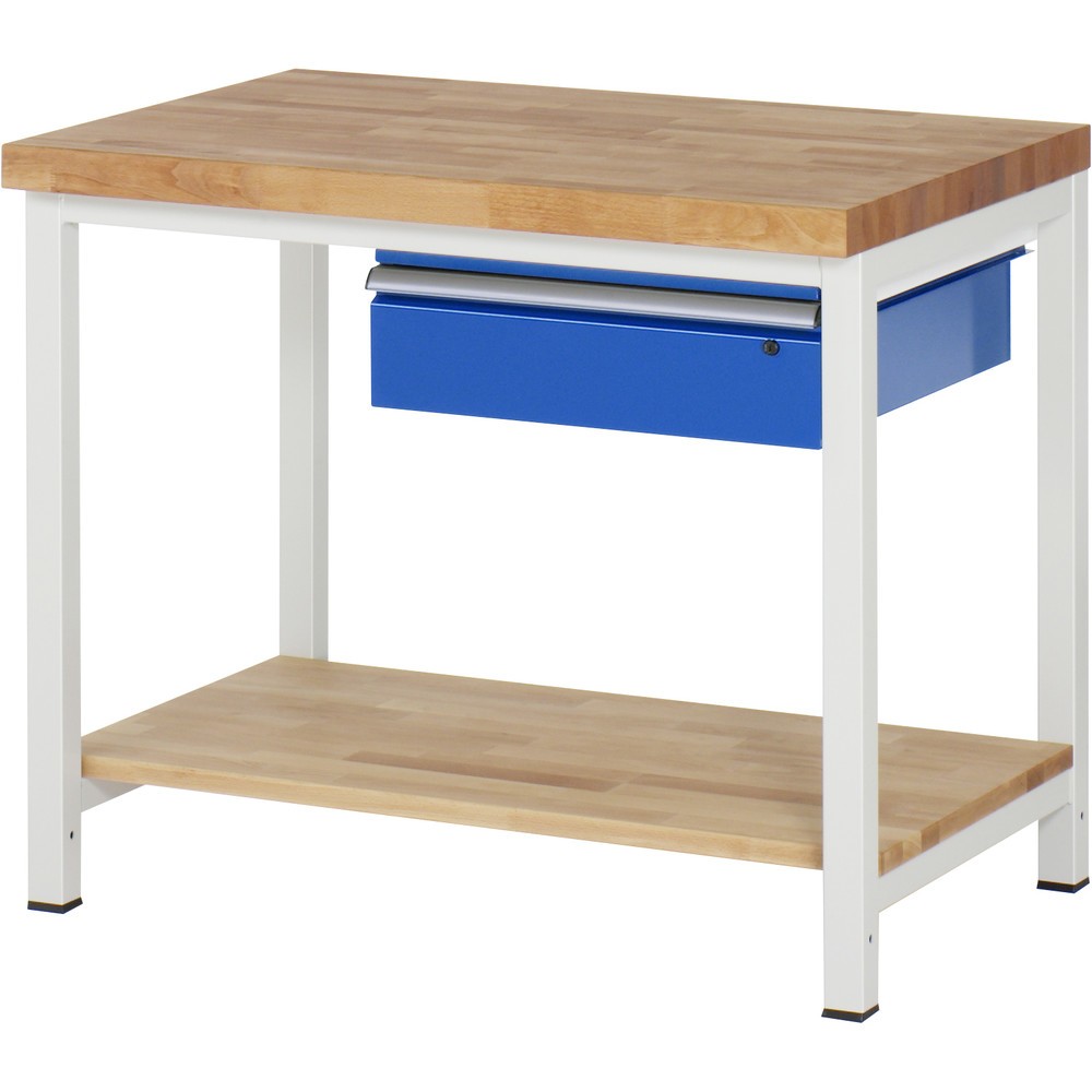 Produktabbildung: RAU Werkbank Serie 8000, HxBxT 840-1.040 x 1.000 x 700 mm, 1 Schublade, 1 Buche-Massiv-Ablageboden