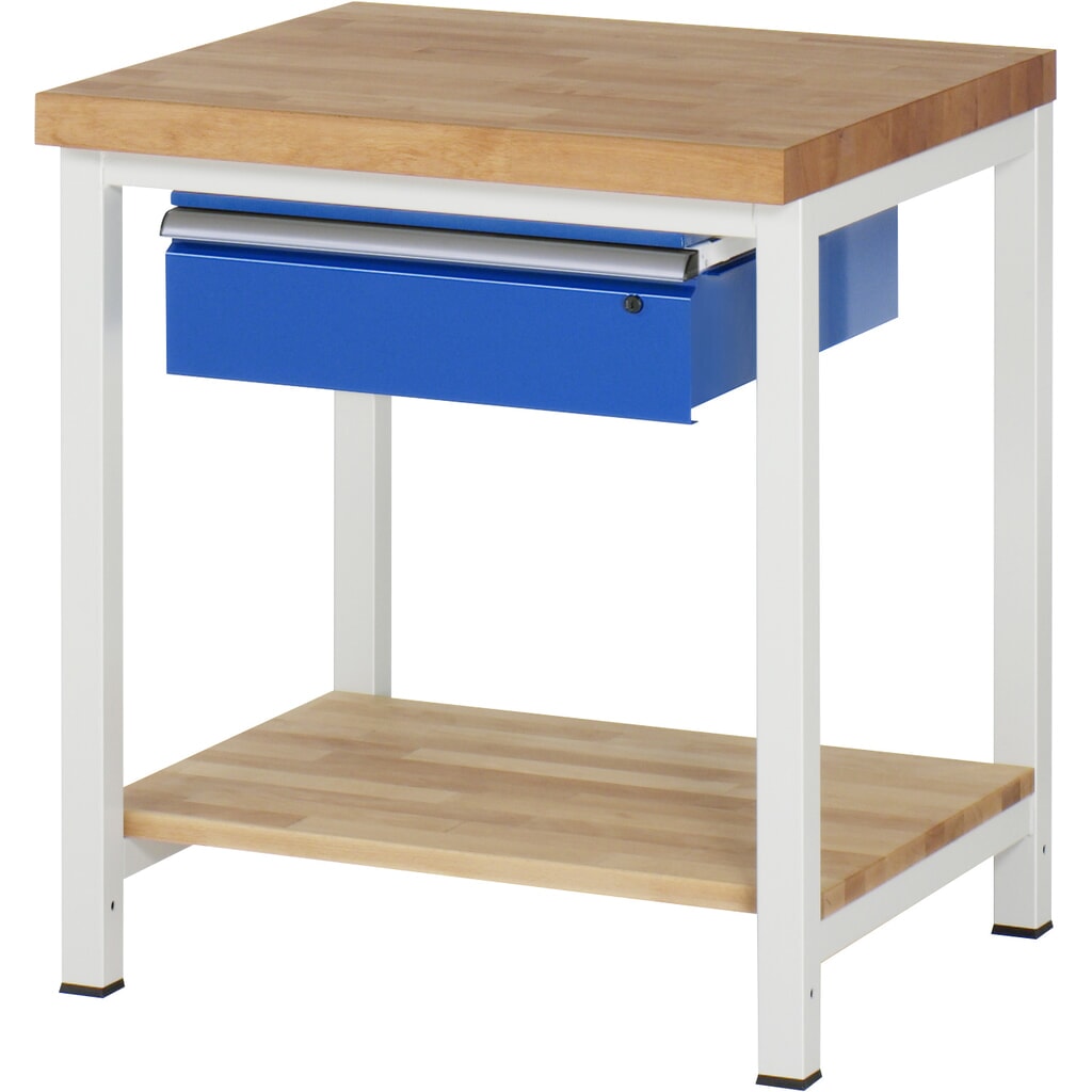 Produktabbildung: RAU Werkbank Serie 8000, HxBxT 840-1.040 x 750 x 700 mm, 1 Schublade, 1 Buche-Massiv-Ablageboden
