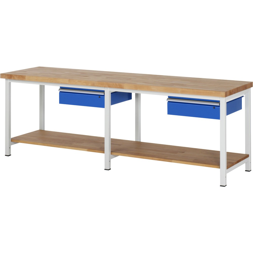 Produktabbildung: RAU Werkbank Serie 8000, HxBxT 840-1.040 x 2.500 x 700 mm, 2 Schubladen, 1 Buche-Massiv-Ablageboden