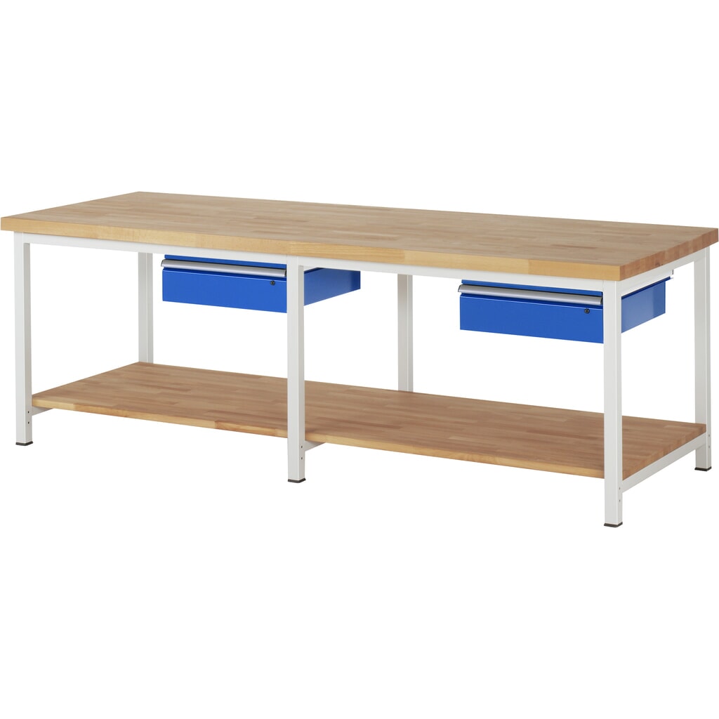 RAU Werkbank Serie 8000, HxBxT 840-1.040 x 2.500 x 900 mm, 2 Schubladen, 1 Buche-Massiv-Ablageboden Produktabbildung: RAU Werkbank Serie 8000, HxBxT 840-1.040 x 2.500 x 900 mm, 2 Schubladen, 1 Buche-Massiv-Ablageboden