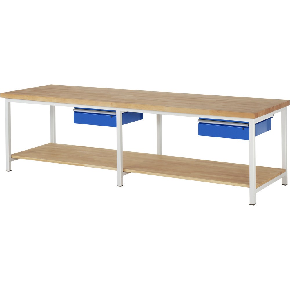 Produktabbildung: RAU Werkbank Serie 8000, HxBxT 840-1.040 x 3.000 x 900 mm, 2 Schubladen, 1 Buche-Massiv-Ablageboden